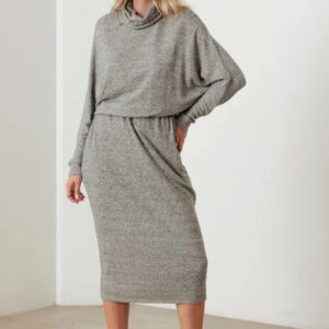 Turtle Neck Elastic Waist Long Sleeve Midi Dress
