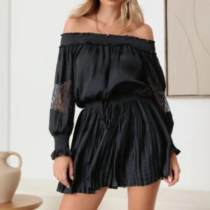 Smocked Off-Shoulder Lace Sleeve Mini Dress