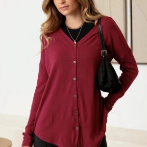 Burgundy V-Neck Long Sleeve Cardigan