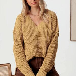 Single Front Pocket Long Sleeve V-Neck Sweater