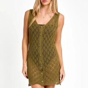 Sleeveless V-Neck Crochet Button Up Sweater Dress