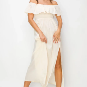 Ruffle Tiered Off Shoulder Side Slit Smocked Midi Dress