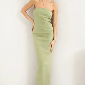 Minimalist Raw Hem Strapless Back Slit Column Tube Maxi Dress