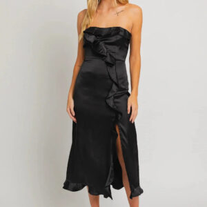 Satin Strapless Ruffle Front Slit Midi Dress