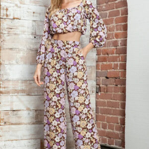 Retro Floral Off-Shoulder Crop Top & Wide Leg Pants Two-Piece Set