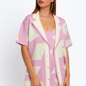 Geometric Short Sleeve Collared Knit Cardigan