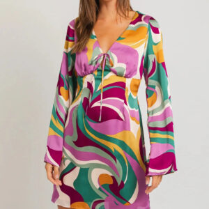 Satin Retro Long WiderSleeve Front Tie Mini Dress