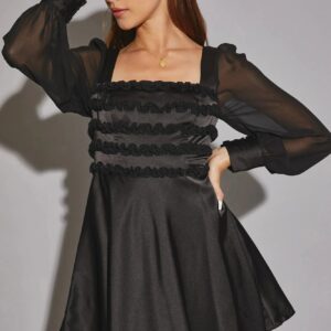 Satin Long Chiffon sleeve Ruffle Mini Dress