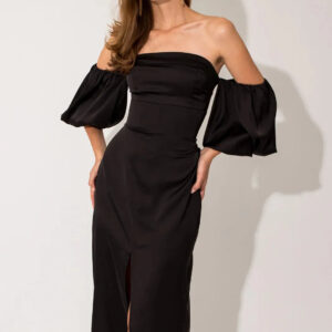 Satin Off Shoulder Puff Sleeve Midi Dress