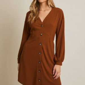 Rust Brown Ribbed Knit Balloon Sleeves Button-Front V-Neck Mini Dress