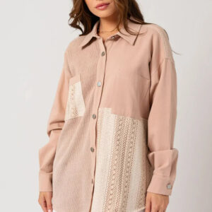 Dusty Blush Mixed Media Button Down Waffle Knit Shacket