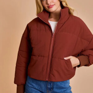 Quilted Puffer Stand Collar Zipper Pockets Cropped Bomber Jacket