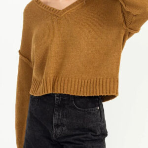 Cropped V-Neck Long Sleeve Soft Knit Cozy Boutique Fashion Sweater