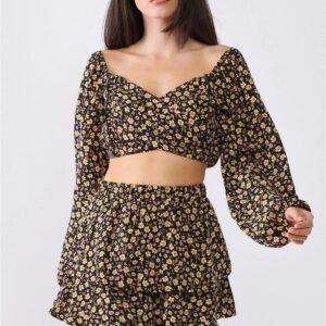 Floral Puff Balloon Long Sleeve Layered Skirt Set