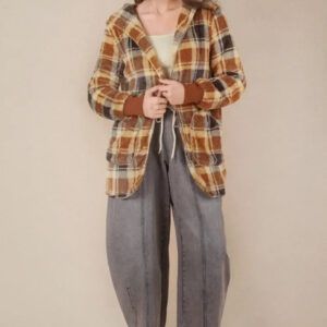 Trendy Oversized Plaid Sherpa Fleece Hooded Shacket Layering Jacket