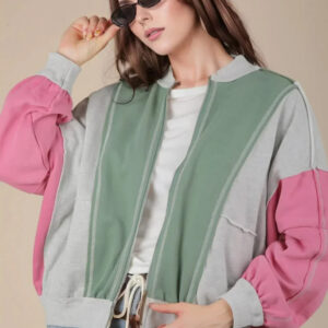 Raw Edge Colorblock Front Zip Side Pocket Bomber Jacket