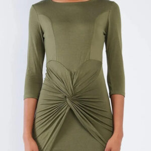 Olive Green 3/4 Sleeves Twist Front Bodycon Mini Dress