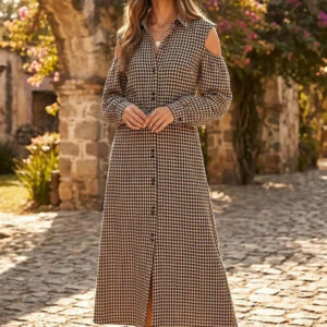 Houndstooth Print with Belt Cold Shoulder Long Sleeve Midi Maxi Shirt Dress