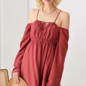 Boho Drawstring Halter Neck Smocked Bust Long Puff Sleeve Dress