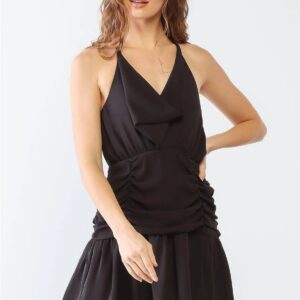 Black Cowl Neck Ruched Strappy Layered Mini Dress /1-2-2-1