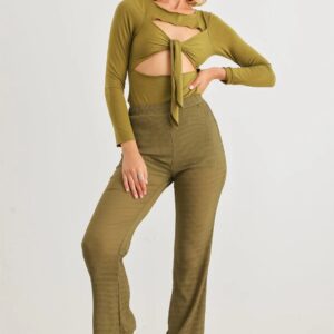 Light Olive Plisse High Waist Lettuce Hem Pants /1-2-2-1