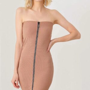 Ribbed Strapless Bodycon Rhinestone Zipper Closure Mini Midi Dress