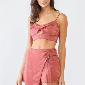 Diamond Print Satin Crop Top & Wrap Hem Shorts Set