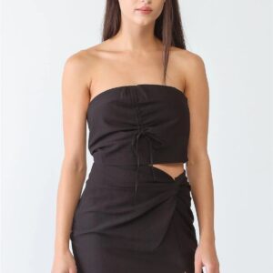 Black Textured Strapless Ruched Crop Top & High Waist Twist Mini Skirt Set /3-2-1