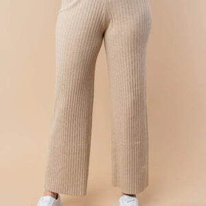 Oatmeal Ribbed Knit Wide Leg Elastic Waist Comfortable Lounge Pants