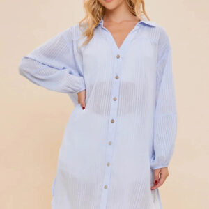 Striped Pattern Long Sleeve Oversized Cover Up Shirt