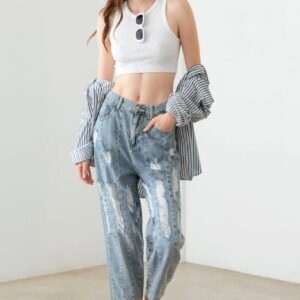 Light Blue Wash Barrel Leg High Waist Distressed Jeans