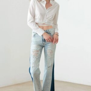 Tow Color Acid Wash Flare Denim Jeans