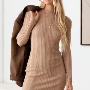 Long Sleeve Ribbed Mock Neck Mini Sweater Dress