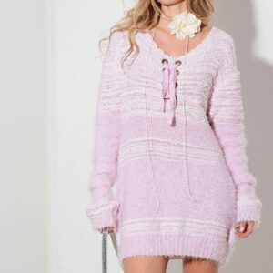 Relax Fit Mixed-Stitch Front Tie Tunic Sweater Dress