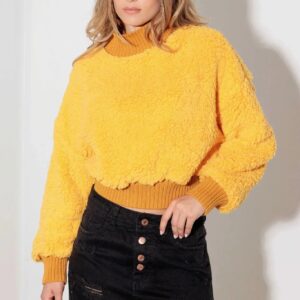 Fuzzy Ribbed Mock Neck Turtle Neck Teddy Crop Sweater