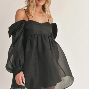 Bubble Long Sleeve Off Shoulder Smoked Back Mini Flare Dress