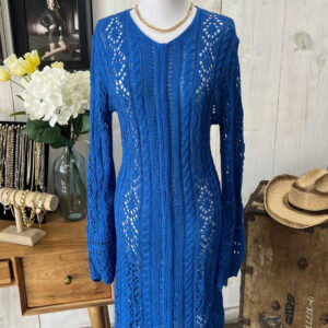 Crochet Cable Knit V-Neck Long Sleeve Eyelet Details Midi Dress